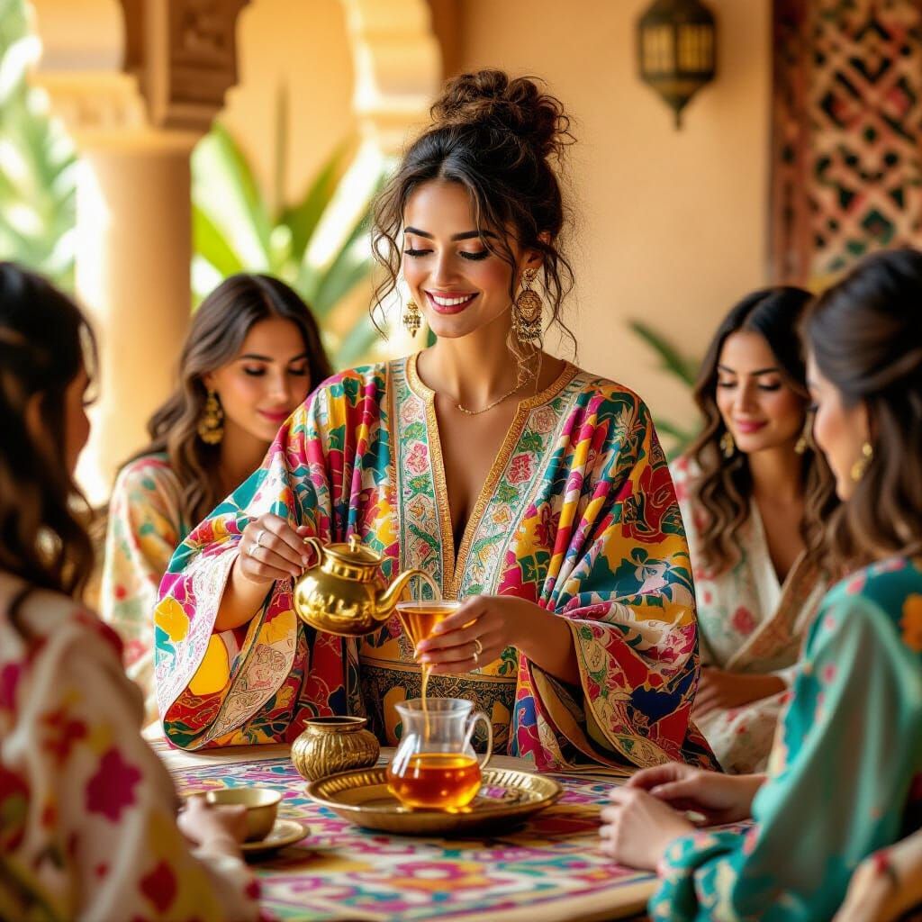 Elegant Woman Pours Moroccan Tea in Impressionist Style
