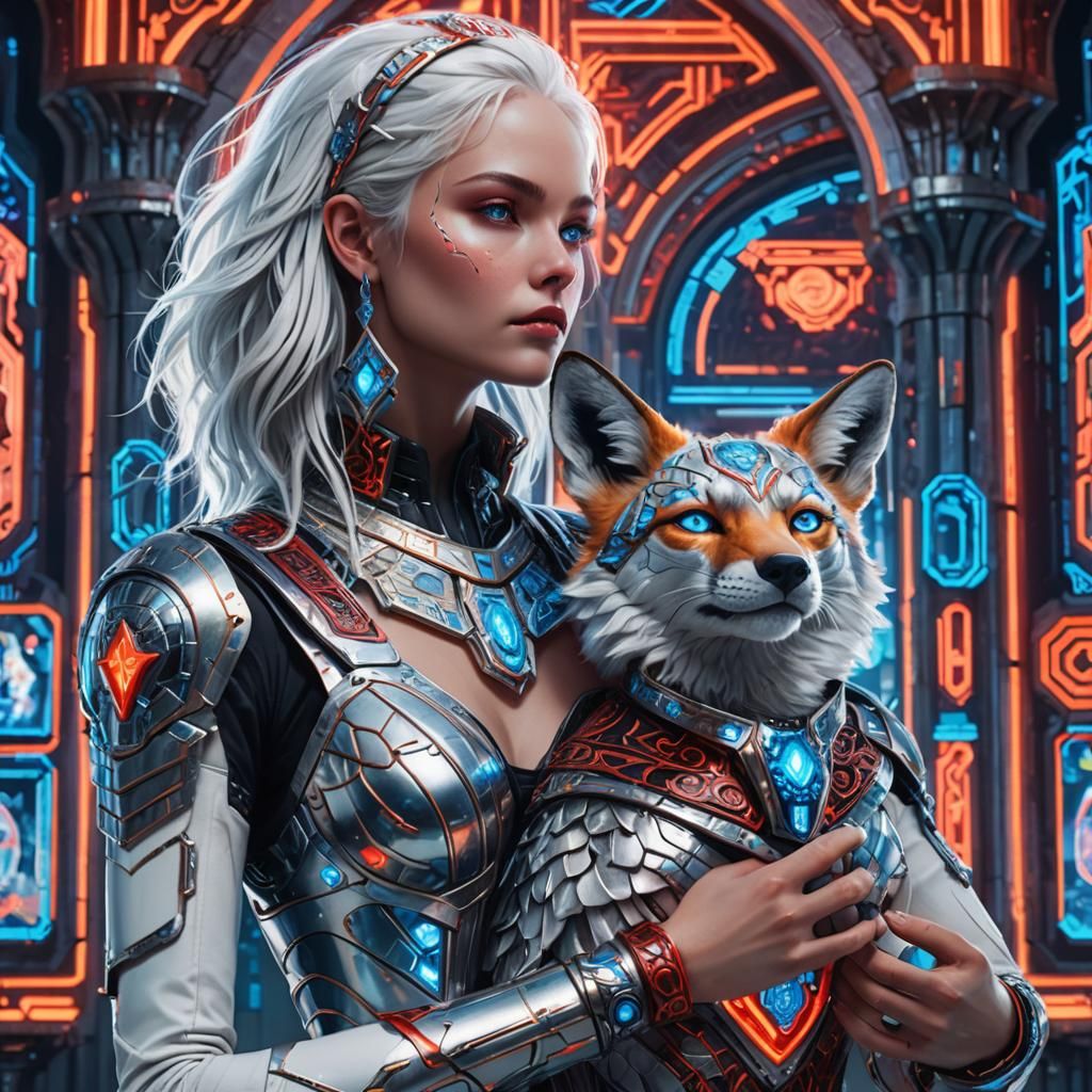 A futuristic cyber queen, adorned in silver armor with intri...