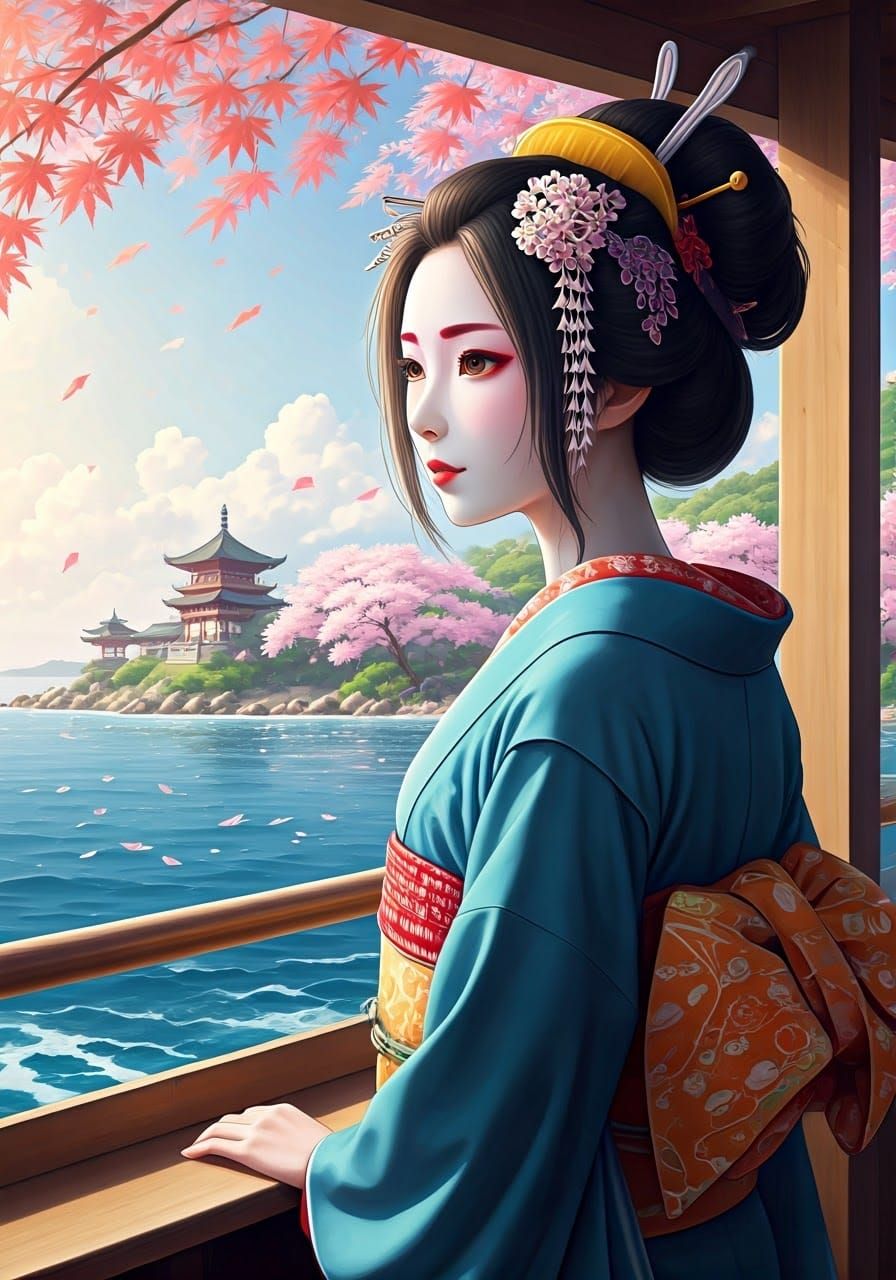Surreal Geisha Gazes at Cherry Blossoms and Japanese Maple T...