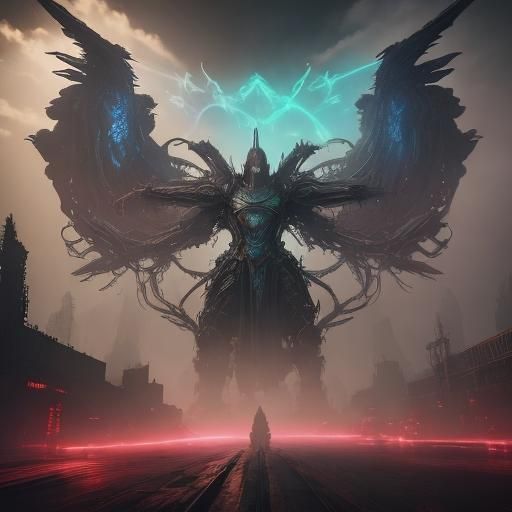 Celtic Vampire with Mecha Wings in Cyberpunk Cityscape