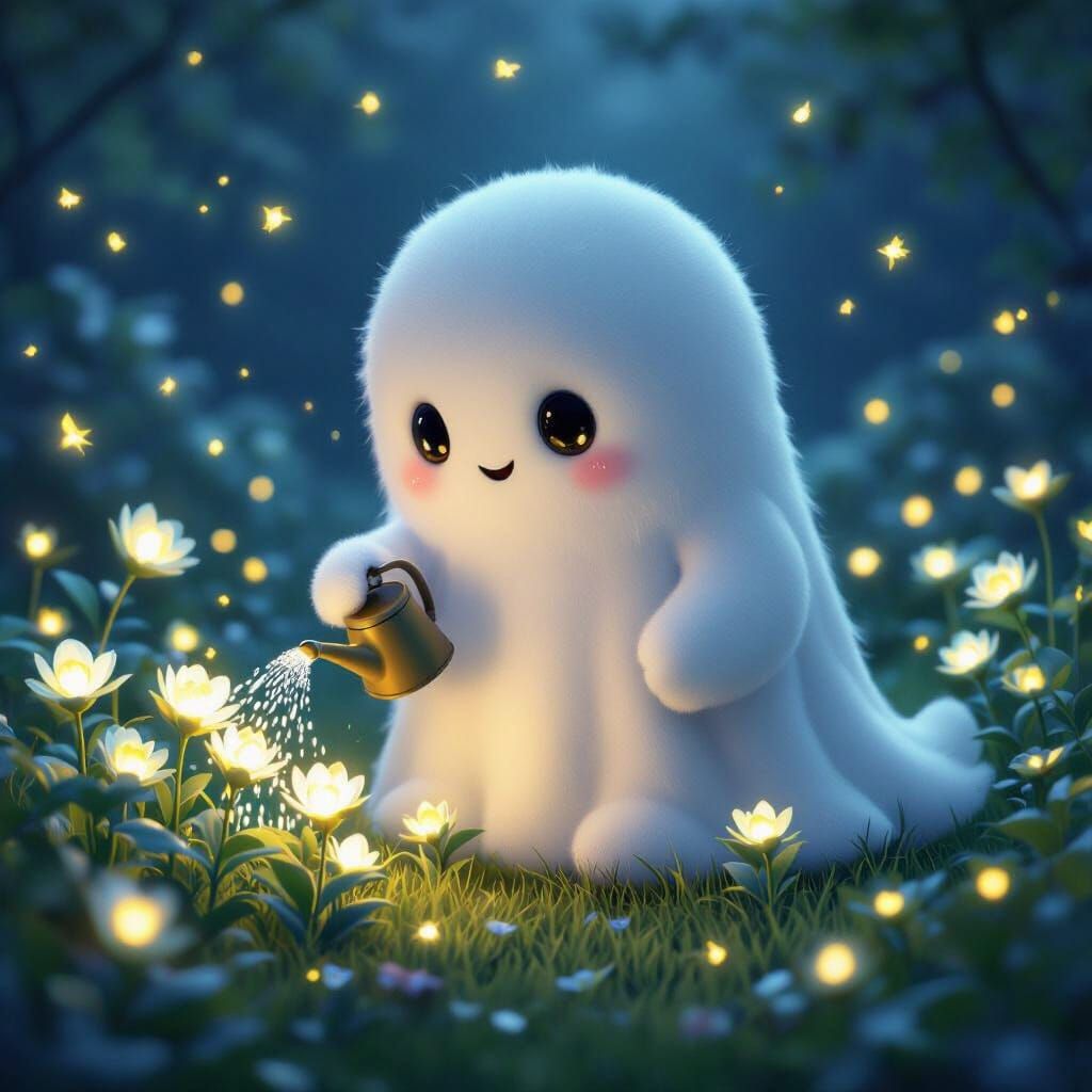 Cute Plush Ghost Waters Glowing Flowers in Midnight Garden