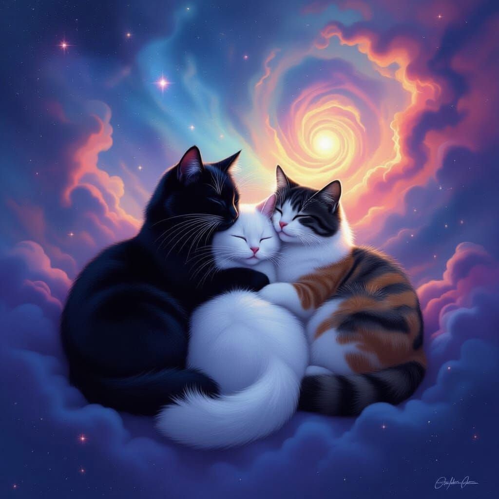 Cats Cuddling in Outer Space