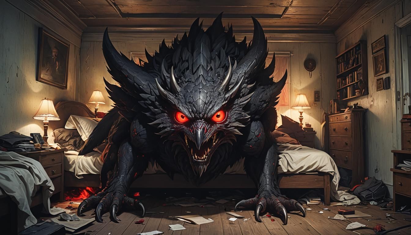 Realistic Monster with Glowing Eyes Under Bed