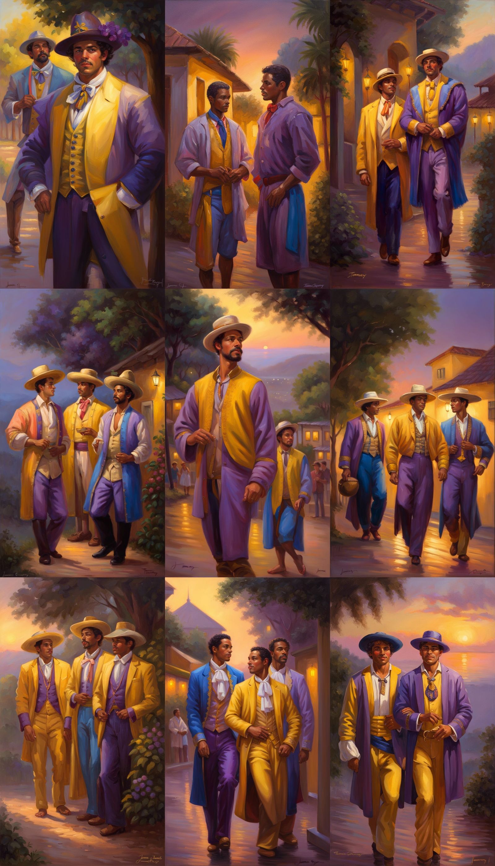 Handsome Brazilian Men in Traditional Attire in the colors of Yellow, Purple, Peach & Blue in the style of Thomas Kinkad...