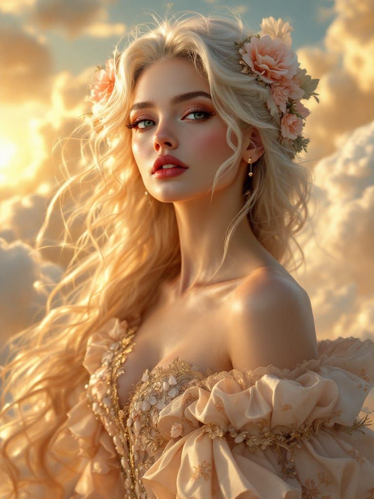 Regal Woman Exudes Elegance in Floral Gown Against Sunny Bac...