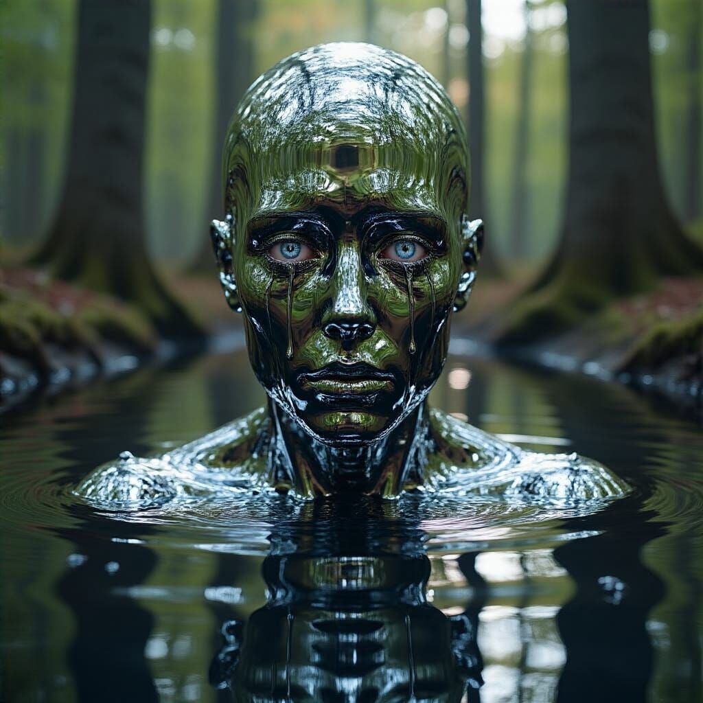 Chrome Humanoid Weeping in Dark Pool