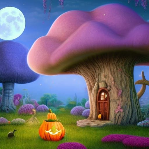 Twin Mushroom Houses in a Fantastical Garden