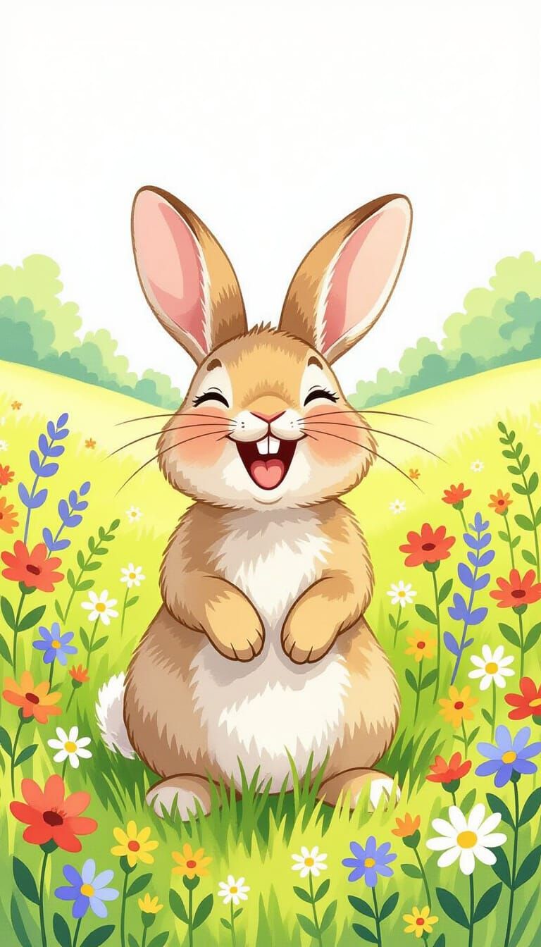 Laughing Bunny in Whimsical Watercolor Meadow