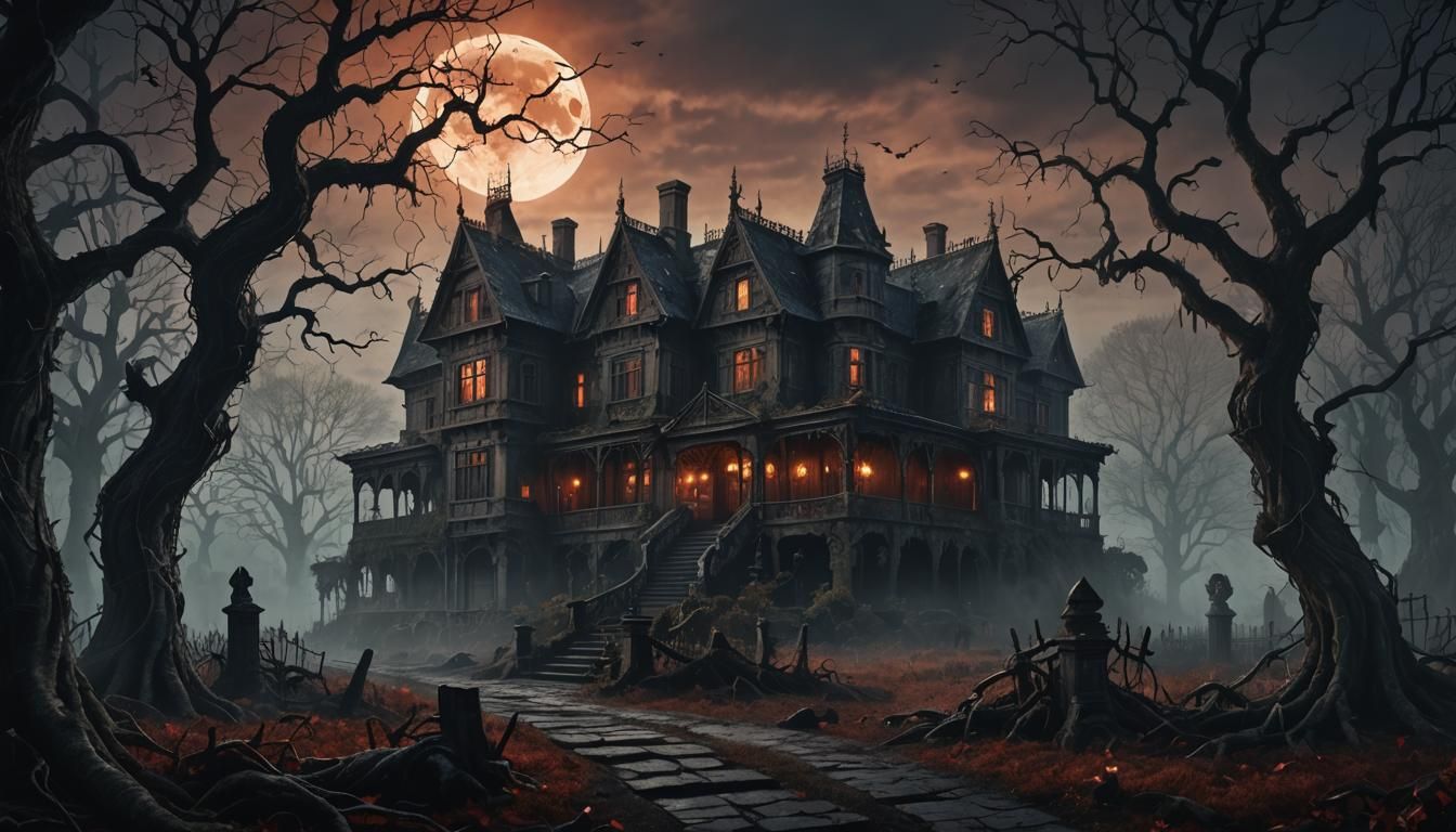 Haunted Manor in Foggy Forest: Spooky Digital Painting