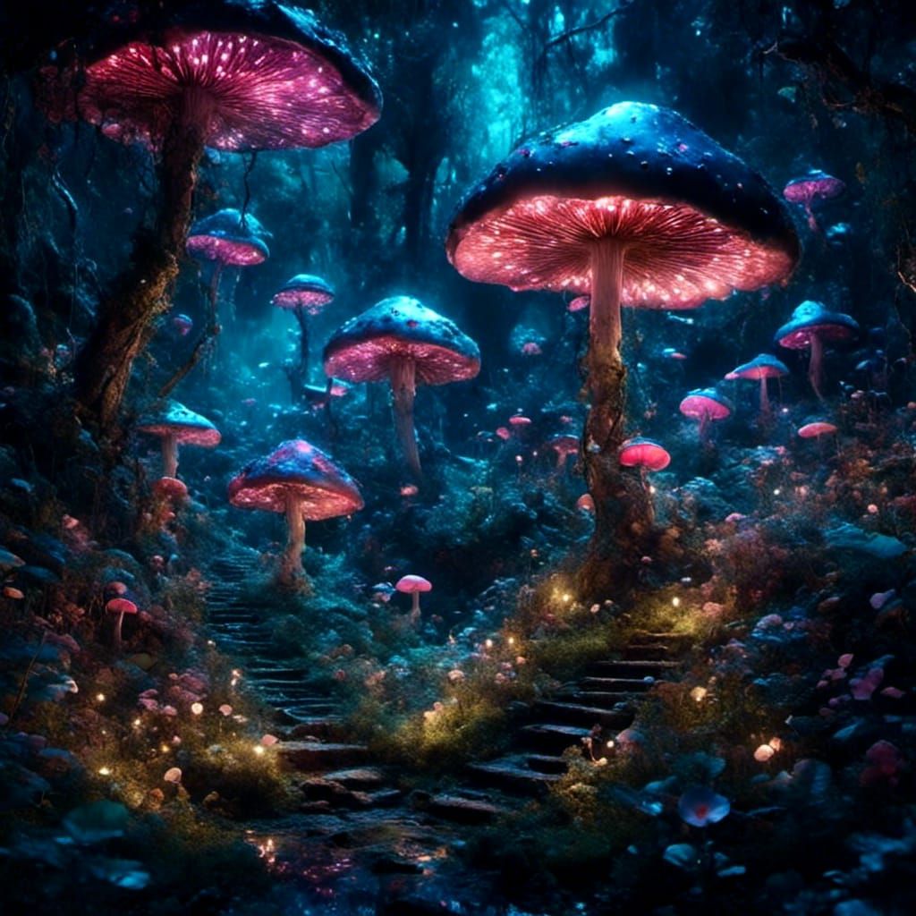 A beautiful fantasy mushroom forest, bioluminescent blacklight, fairytale land at night, wonderland <lora:Mnemcore:1.0><...
