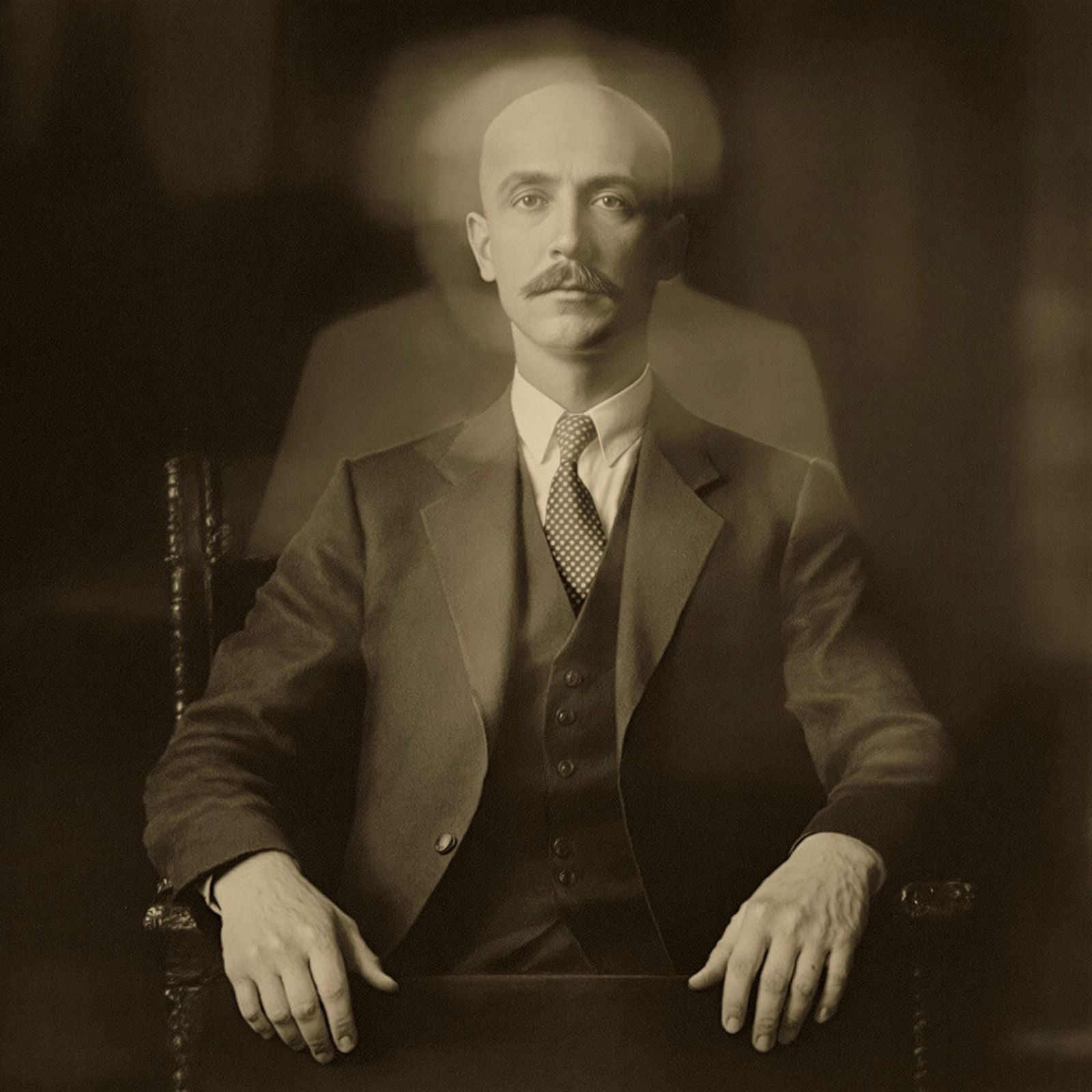 A Somber Gentleman Surrounded by Ethereal Whispers