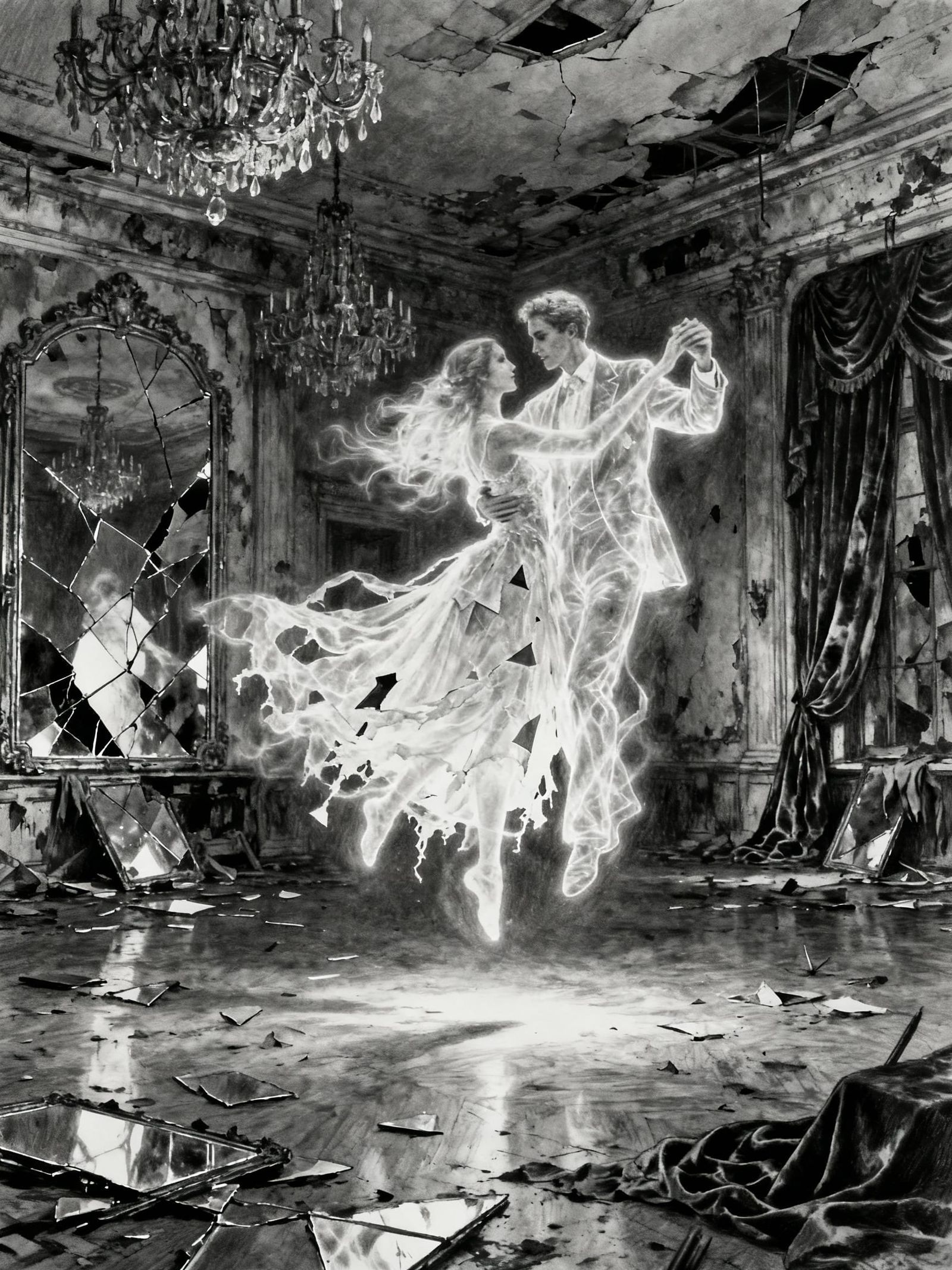 Ethereal Couple Dances in Abandoned Dystopian Ballroom