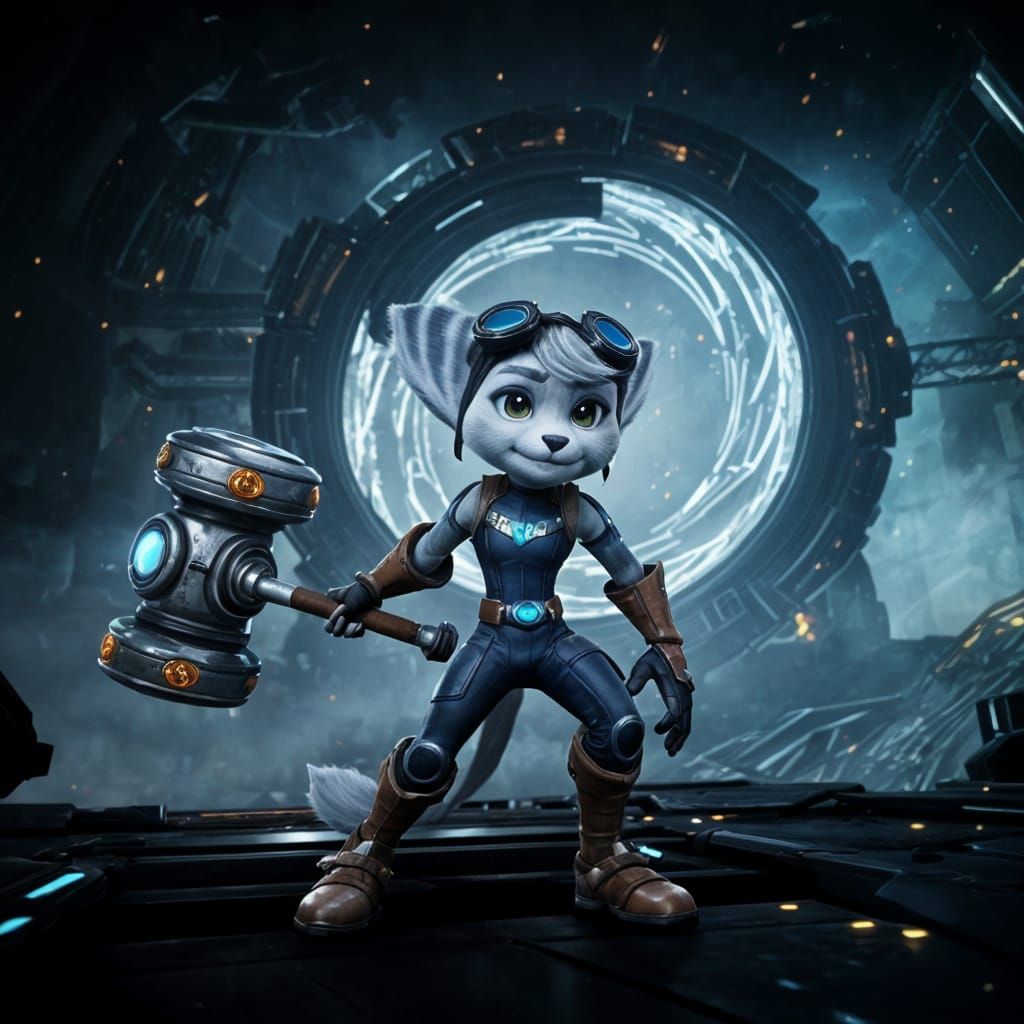 Heroic Lombax Warrior Rivet Stands Ready in Epic Sci-Fi Land...