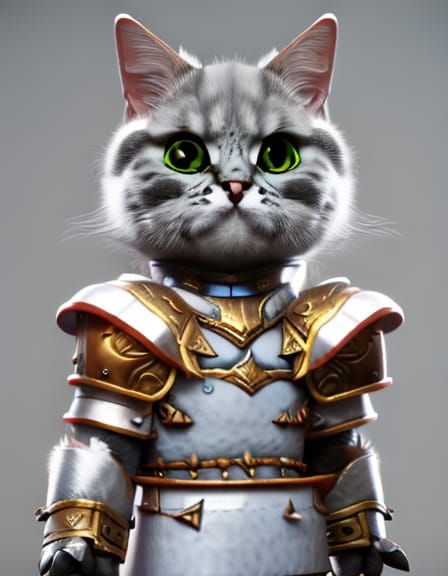 Fluffy Cat Warrior in Armor: Photorealistic 8K Rendering