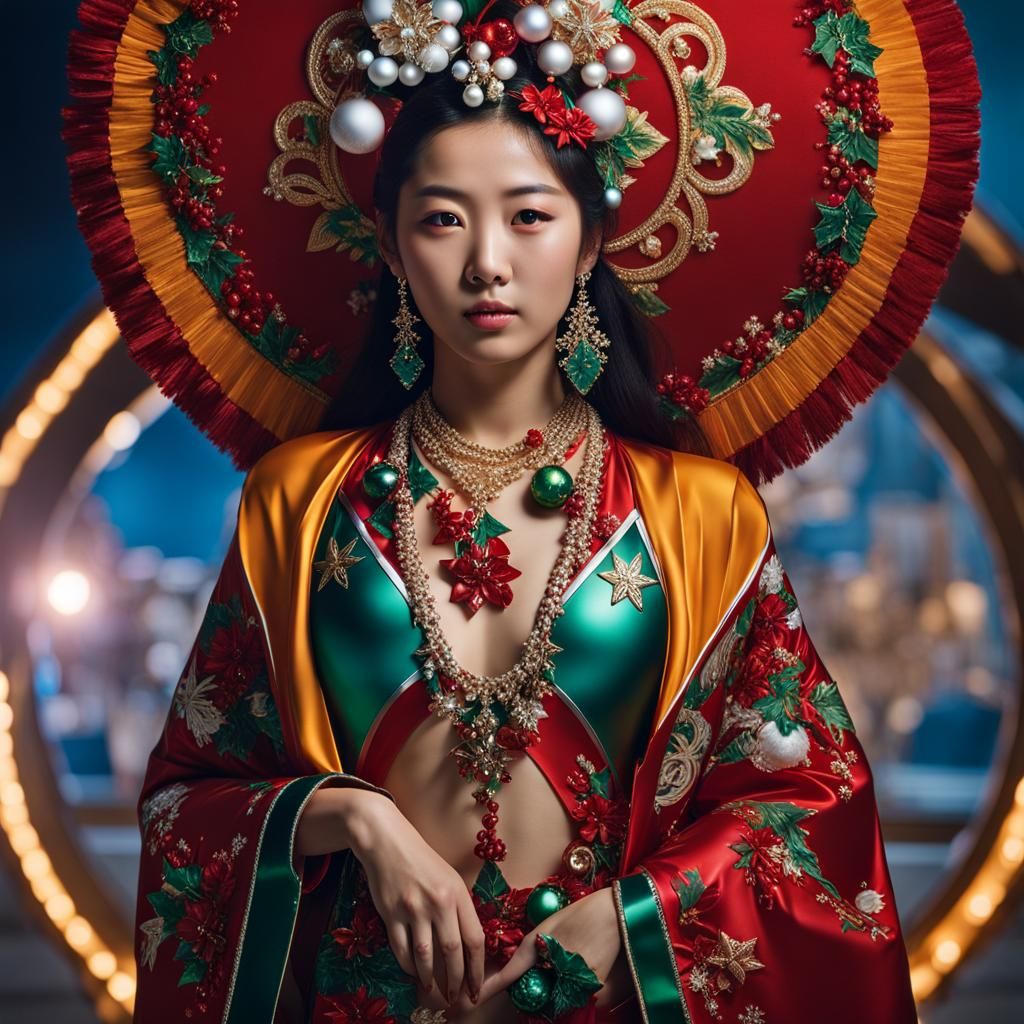 Korean Woman in Santa Swimsuit: Hyperrealistic Portrait