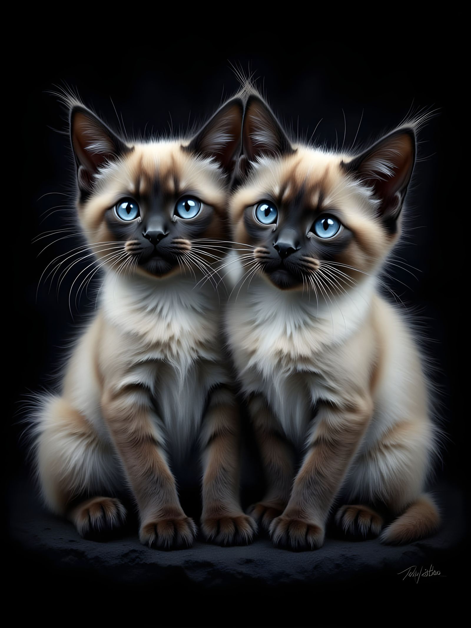 Siamese Cats in Charcoal on Black Canvas