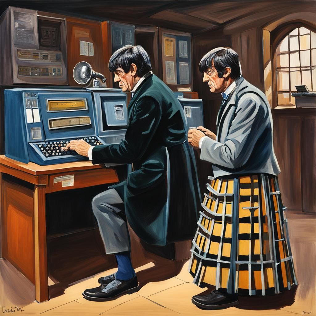 Second Doctor and Jamie at Computer Bank, Gouache Painting