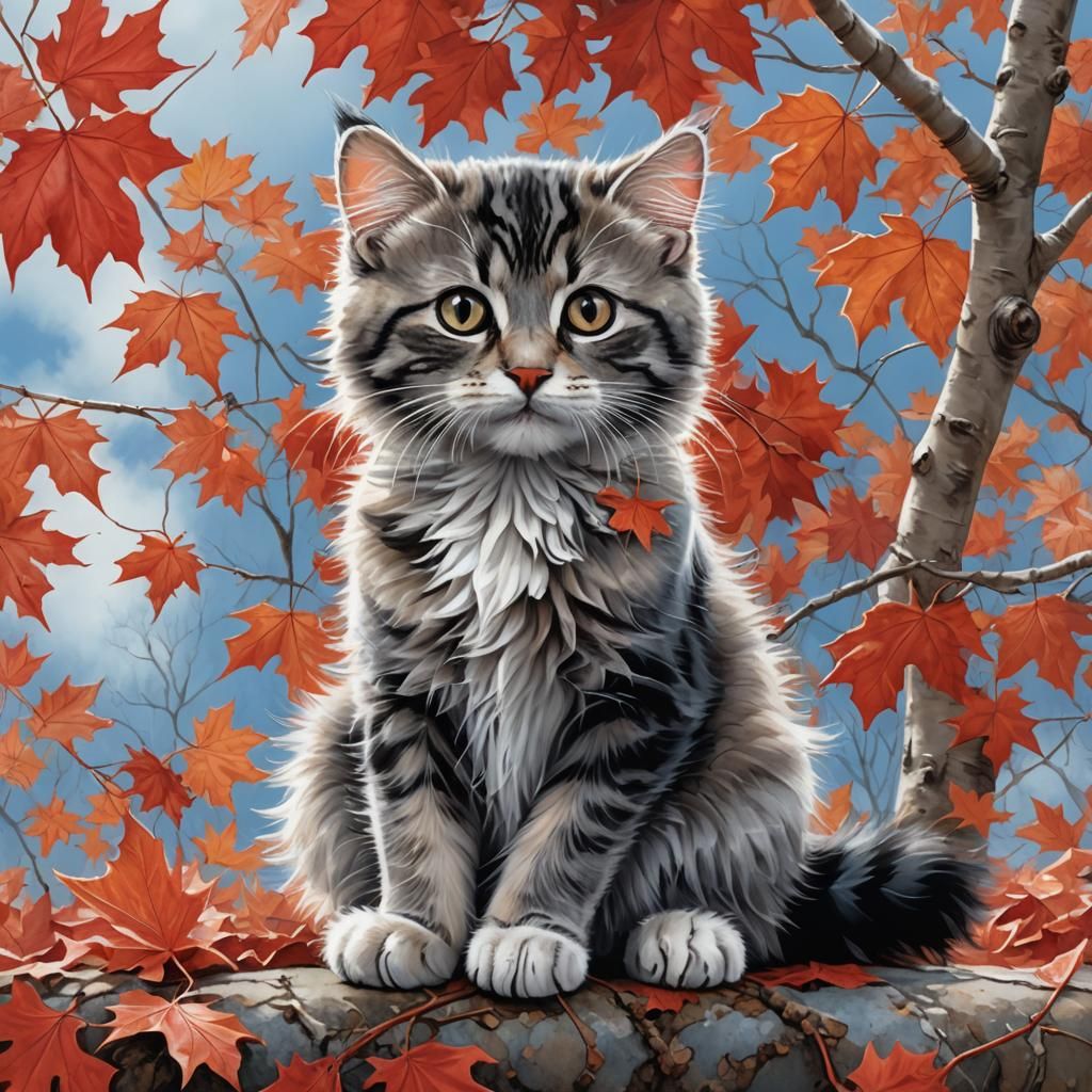 Cute Kitten on Maple Leaf in Fantasy Style