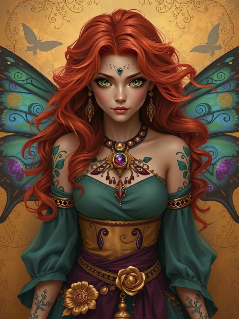 A captivating digital painting of a fantasy woman or fairy with a striking appearance. She has vibrant, long, wavy red h...