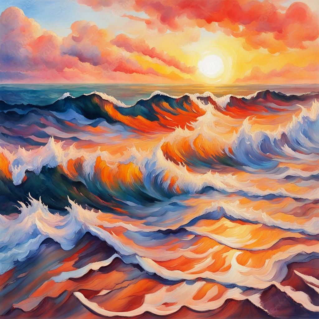 Gouache Sunset Waves: Impressionist Seascape Masterpiece