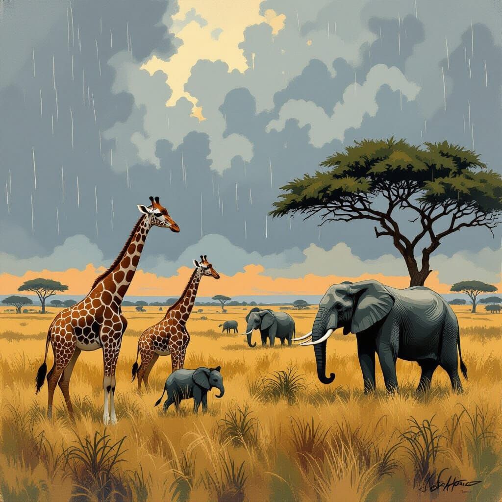 African Savannah Animals in Rainy, Earthy Tones