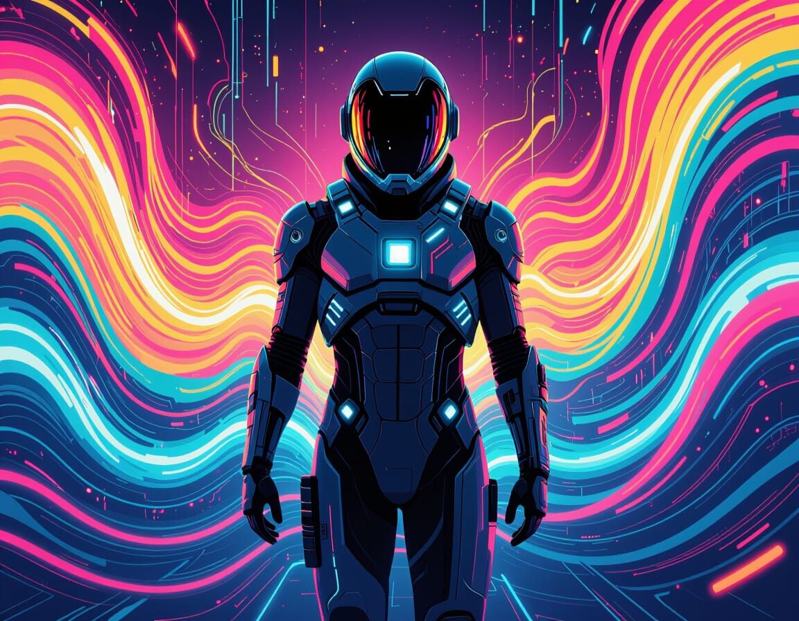 Cyberpunk Figure Surrounded by Energetic Waves