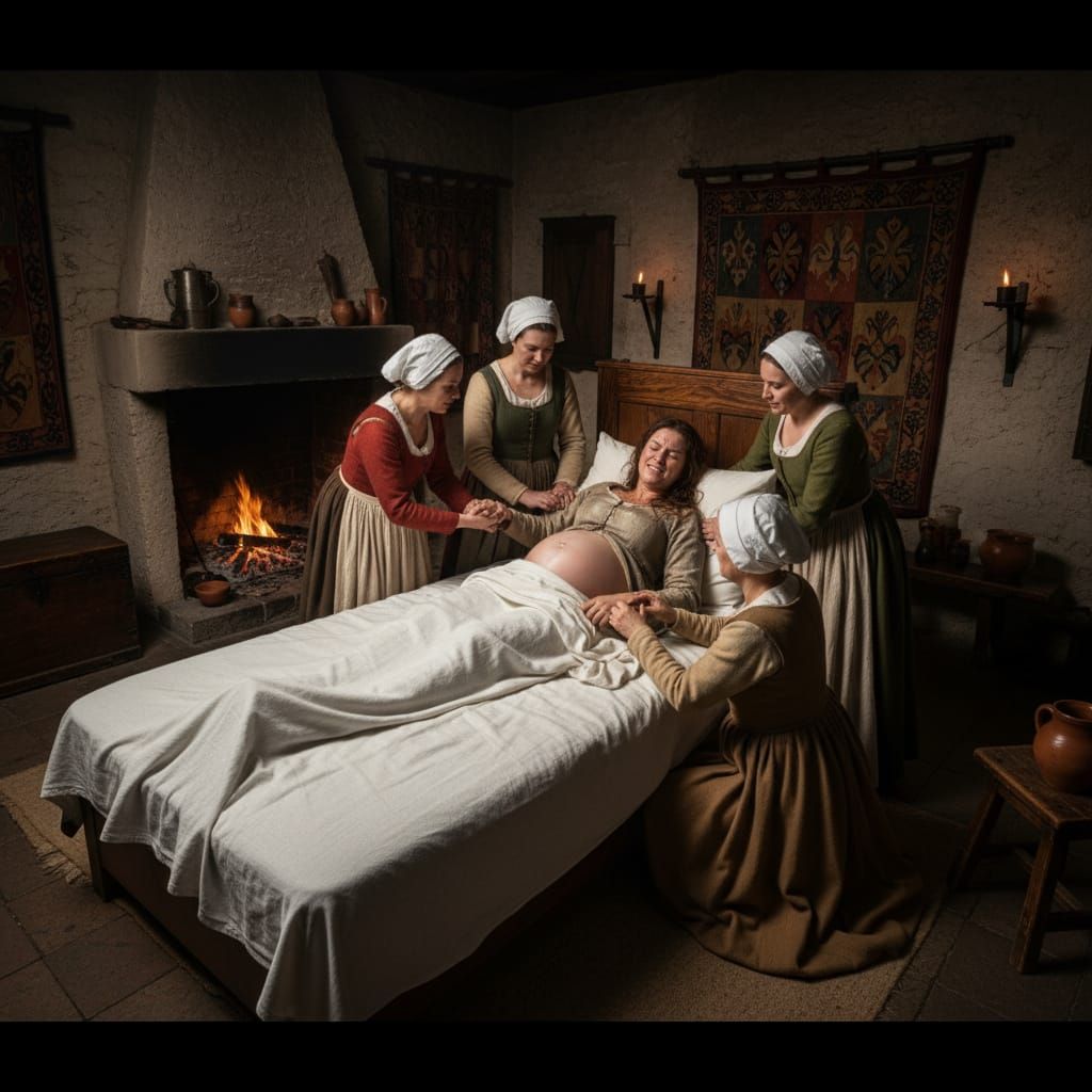 Medieval Birthing Scene in Hyperrealistic Photography
