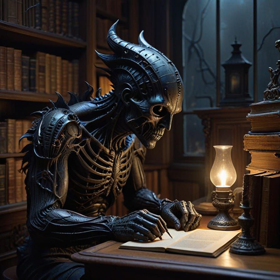 Young Artist Haunted by Dark Creations in Victorian Study