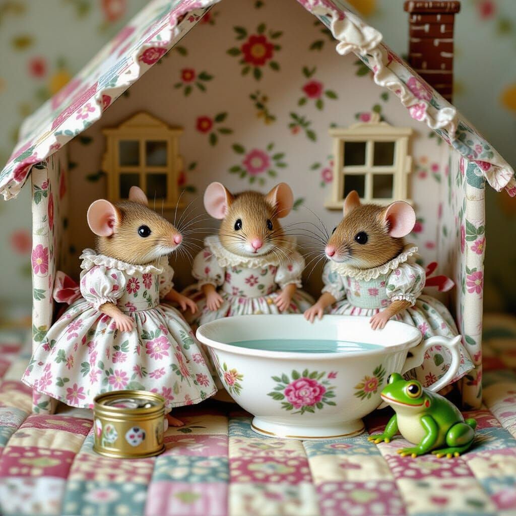 Mice Living in Dollhouse as Storybook Illustration
