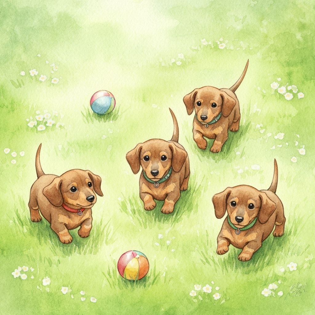 Dachshund Puppies Play in Meadow: Watercolor Art
