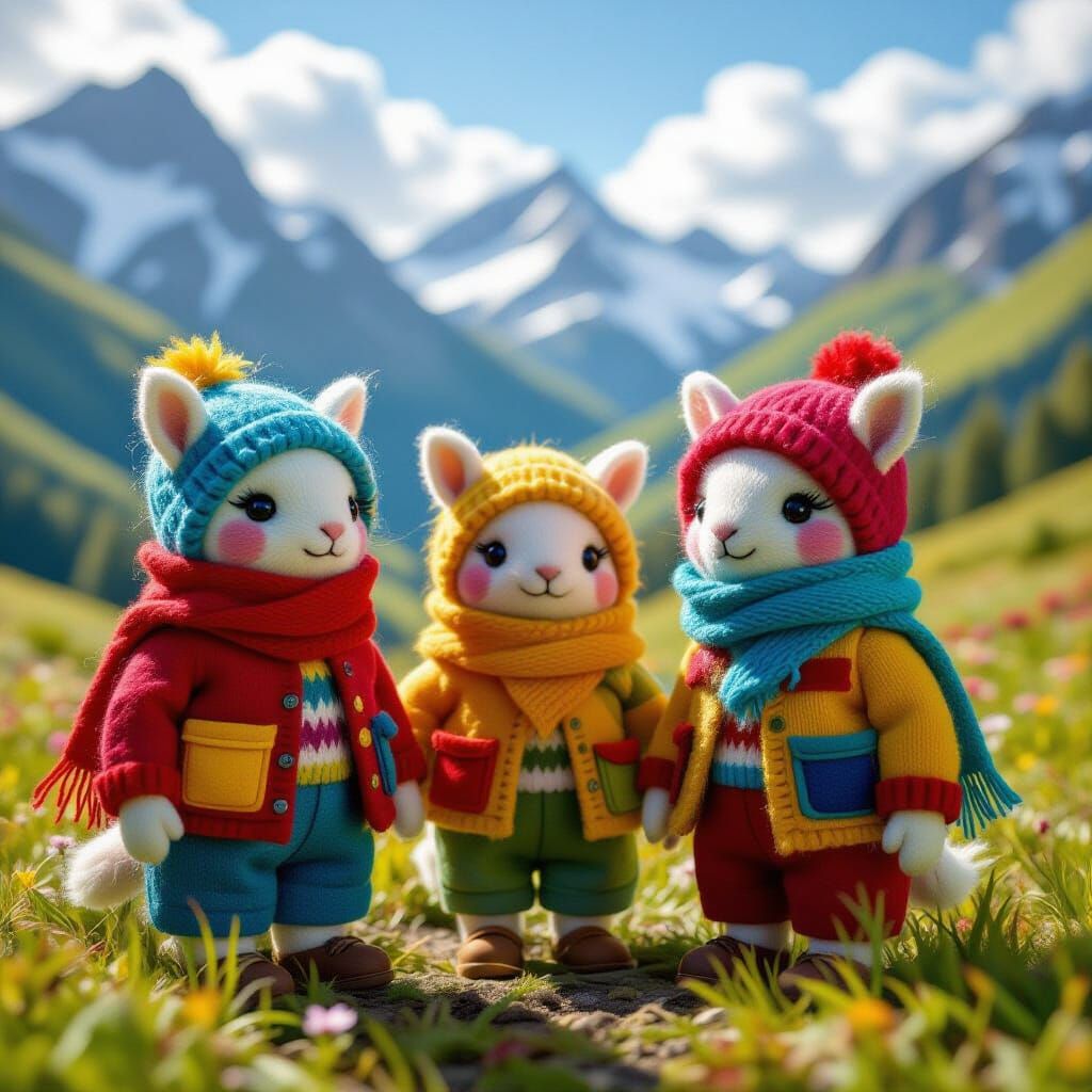 Colorful Felted Friends in a Lush Landscape