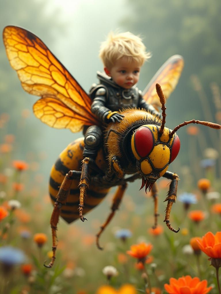Boy Rides Giant Wasp over Magical Garden