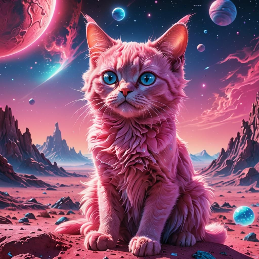 Pink Alien Cat on Distant Planet in Watercolor Style