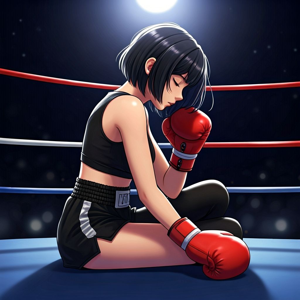 Anime Woman Boxer Sleeping in Ring at Night