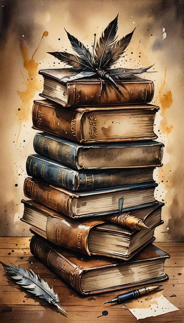 Watercolor Painting of Leather Books and Quill