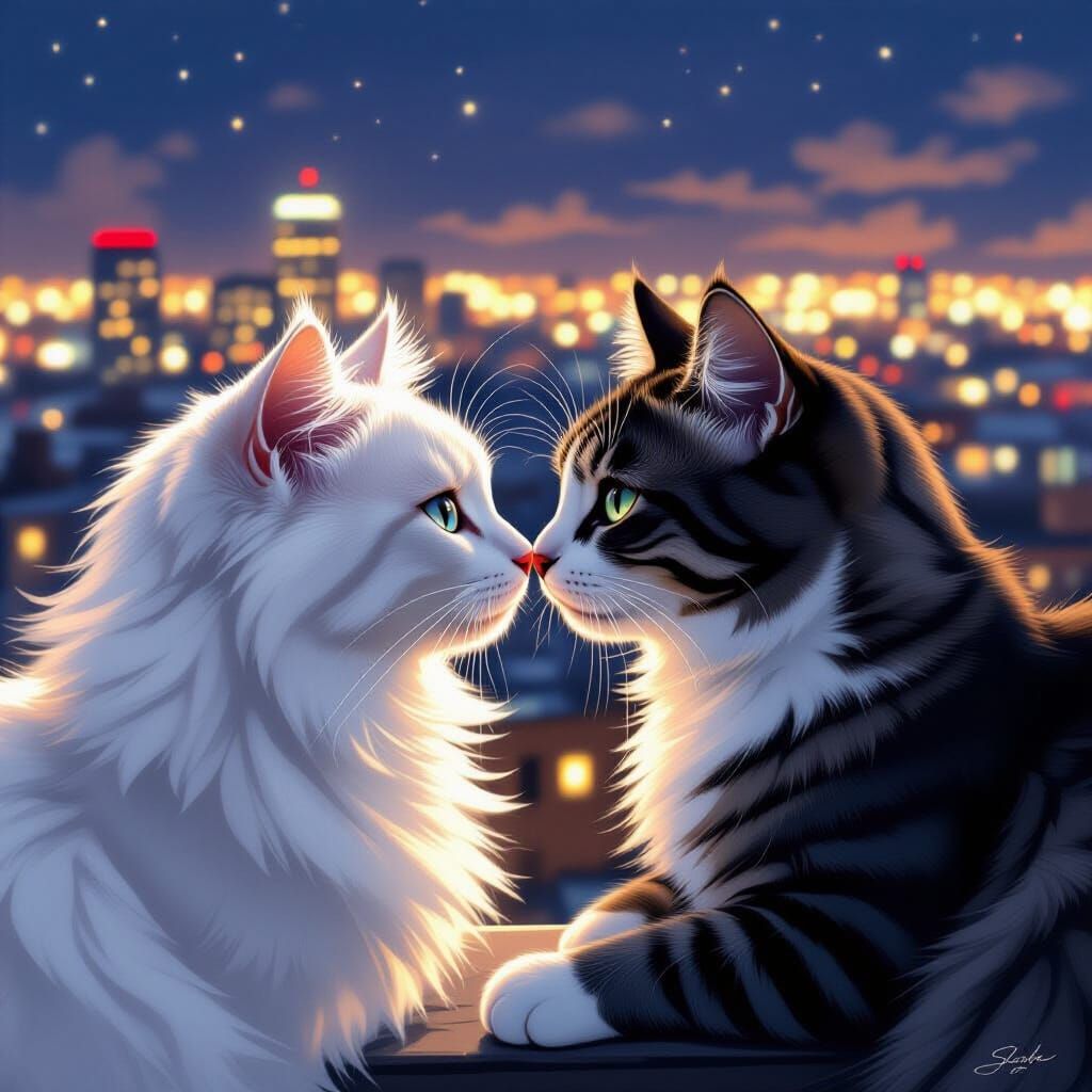 Cats on Rooftop at Night in Atmospheric Style