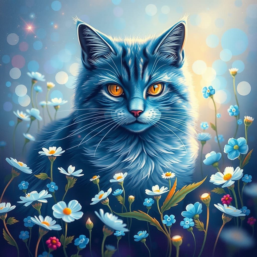 Cosmic Blue Cat in Forget-Me-Not Celestial Realm