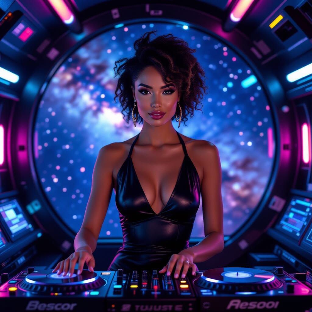Afrofuturist DJ in Spaceship Cabin, Art Nouveau Style