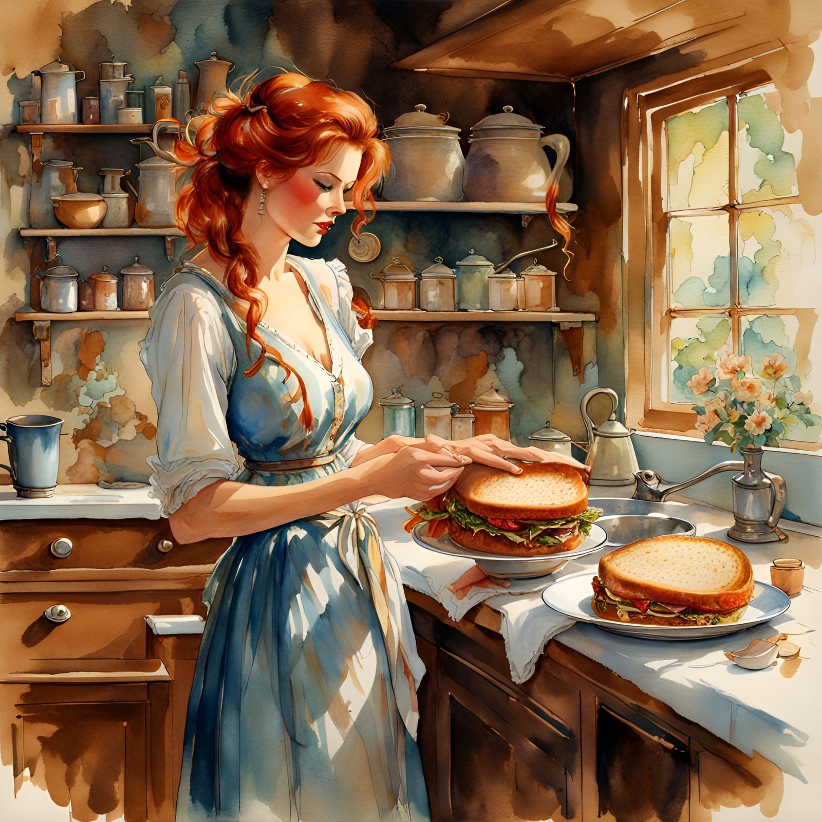 Woman with Dagwood Sandwich in Watercolor Style