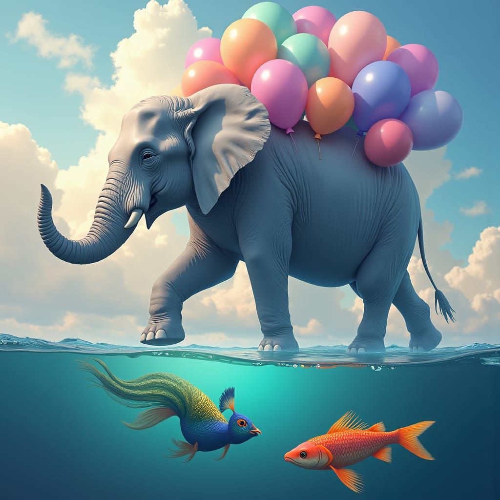 Dreamy Elephant Supported by Balloons in Surreal Sky