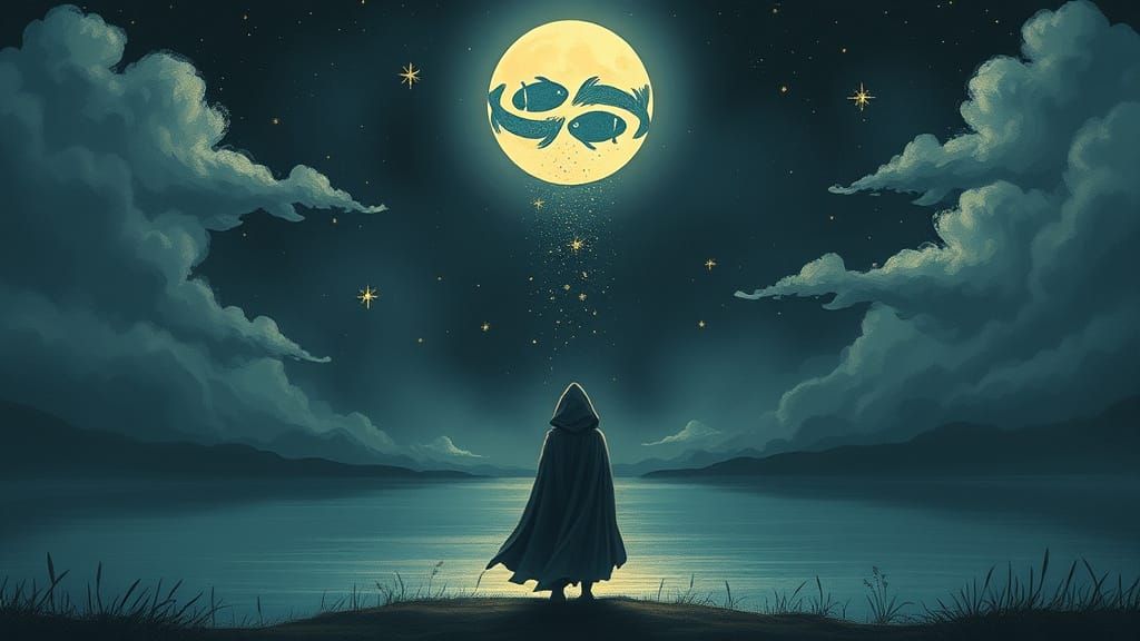 Pisces Zodiac Stars Falling on Moonlit Lake