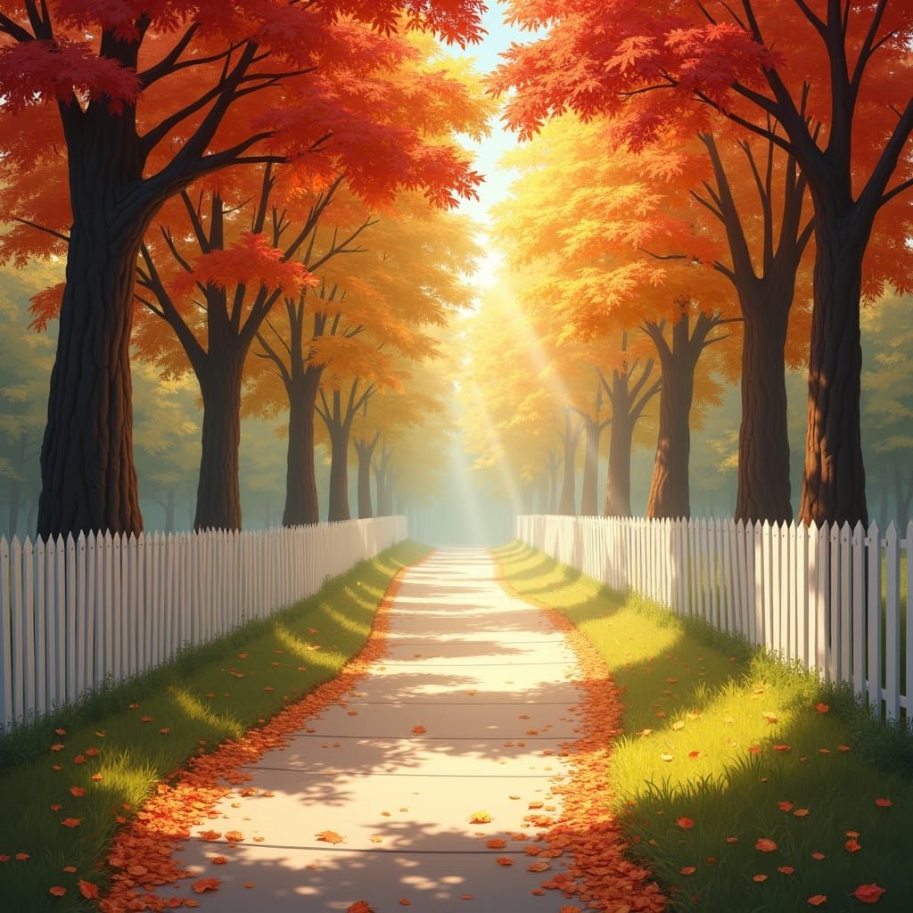 Autumn Path with Picket Fence in Ethereal Style