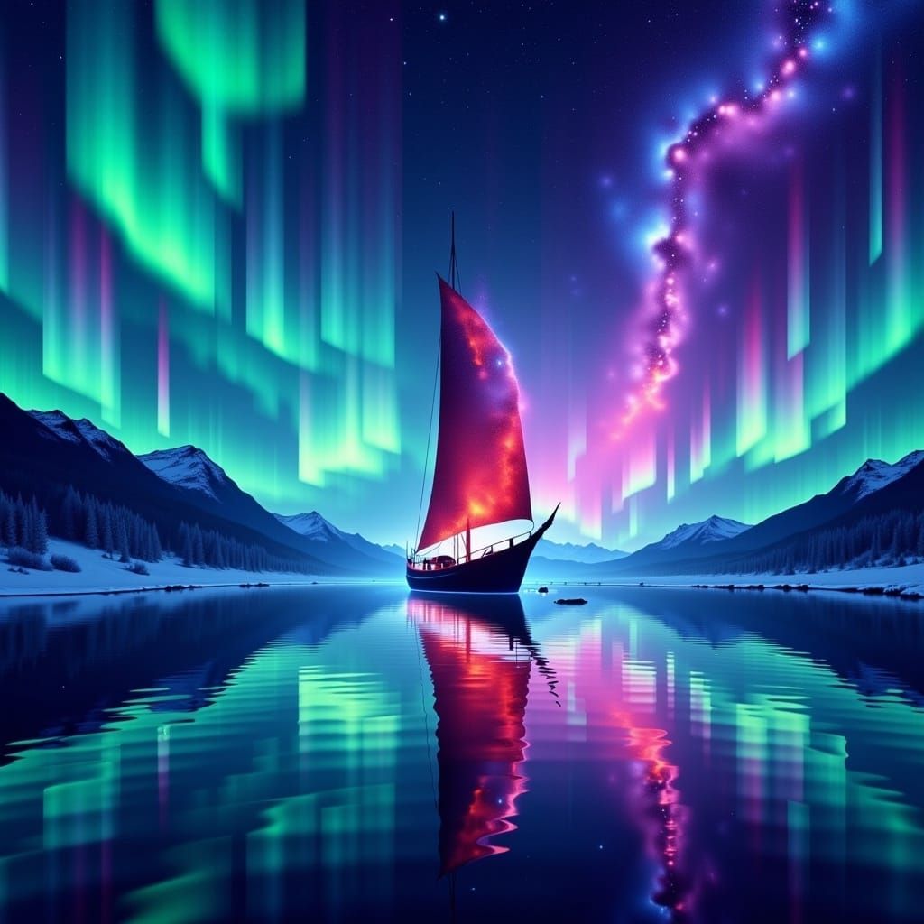 Aurora Borealis Boat on Arctic Lake
