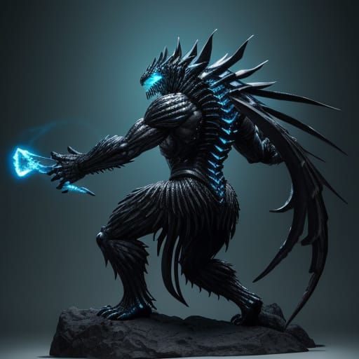 Towering Obsidian Predator with Bioluminescent Spines