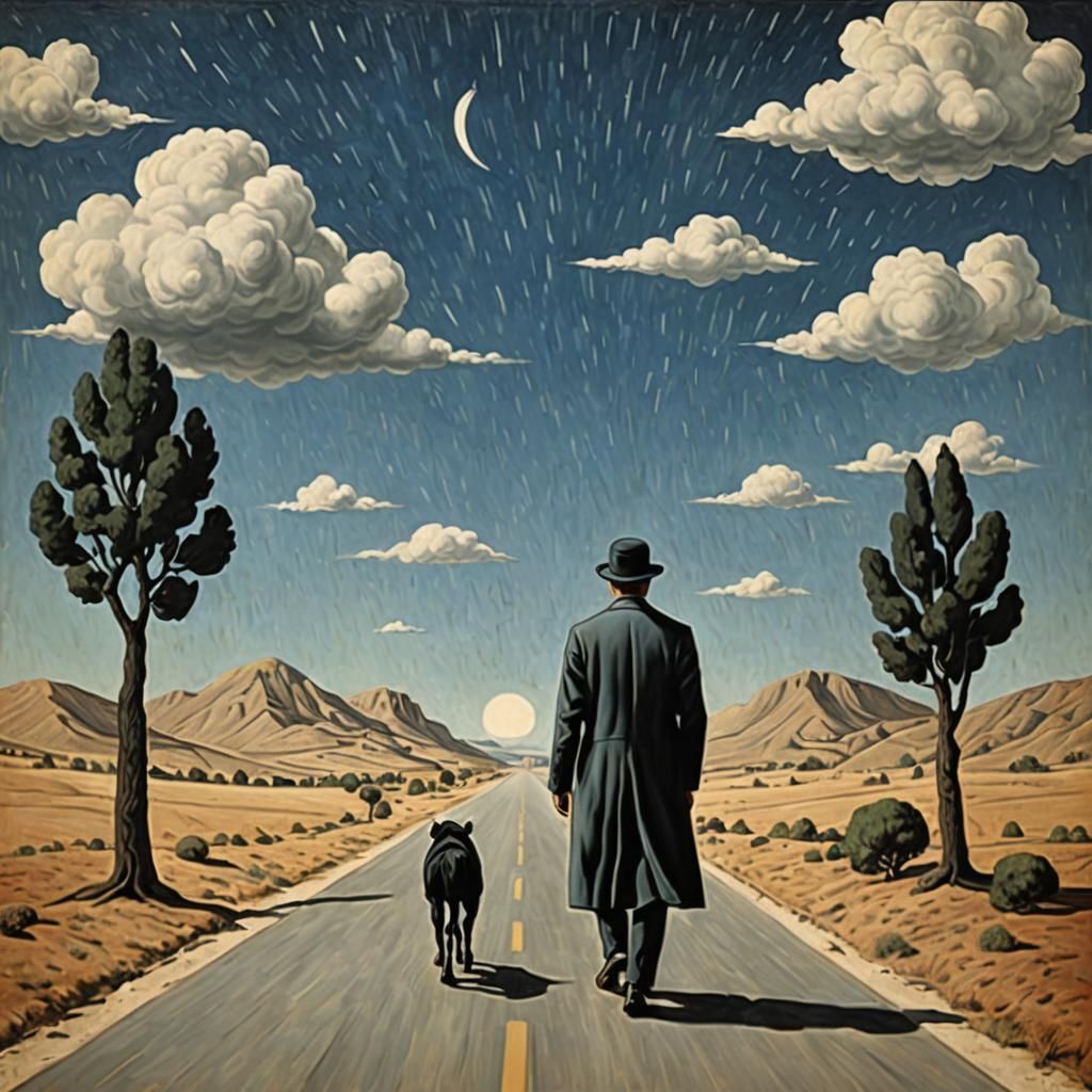Paul on the road to Damascus in the style of Rene Magritte