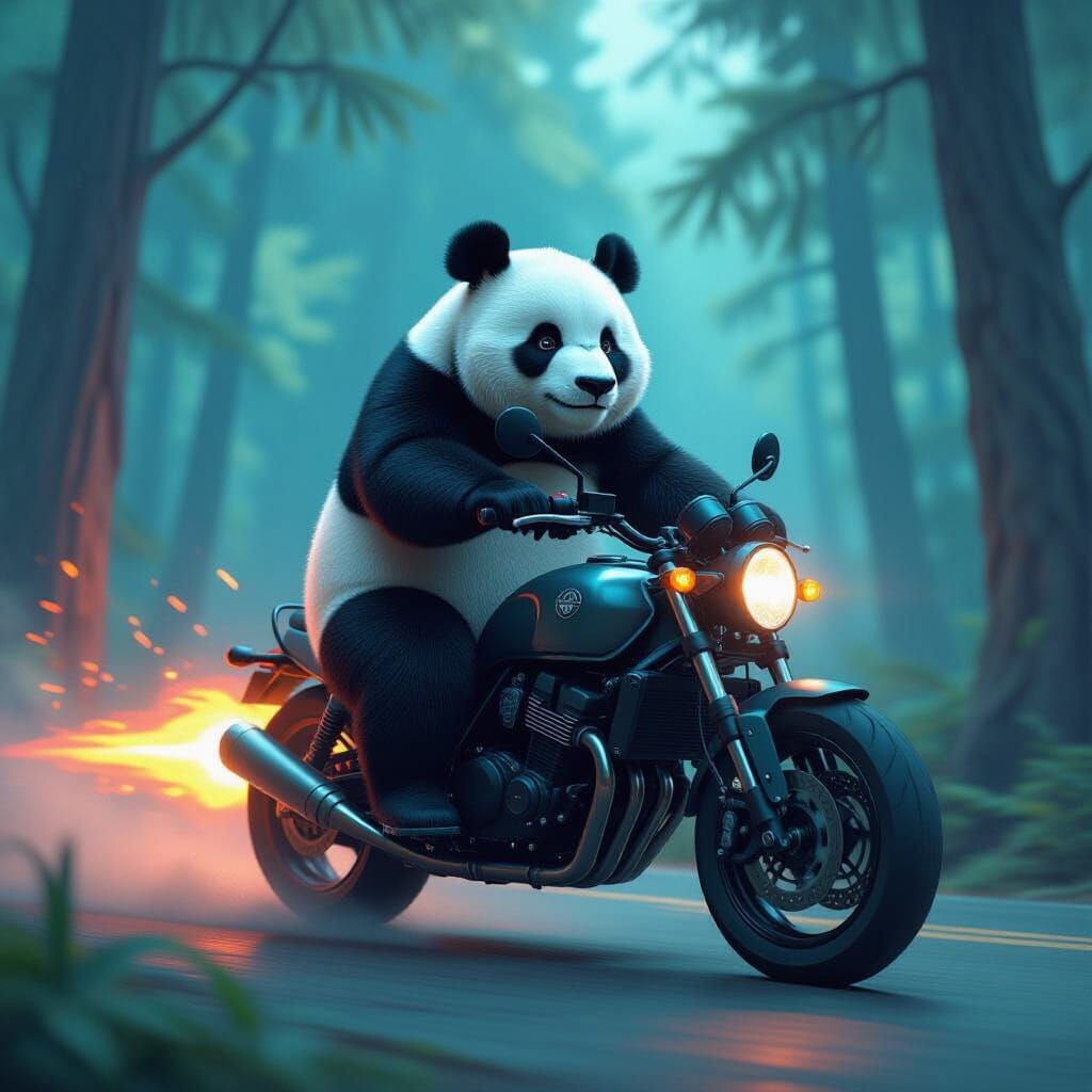 Giant Panda Motorcycle Ride in Mystical Forest