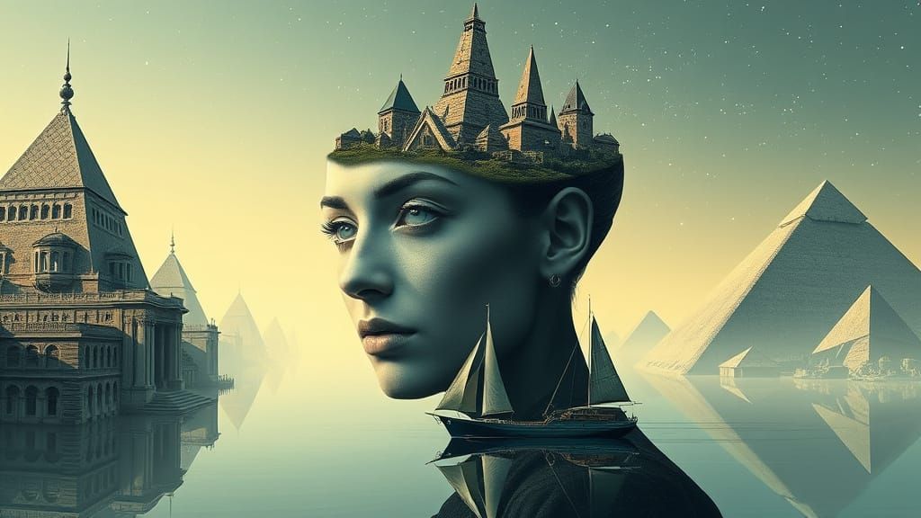 Mysterious Woman with Landscape on Her Head in a Surreal Sce...