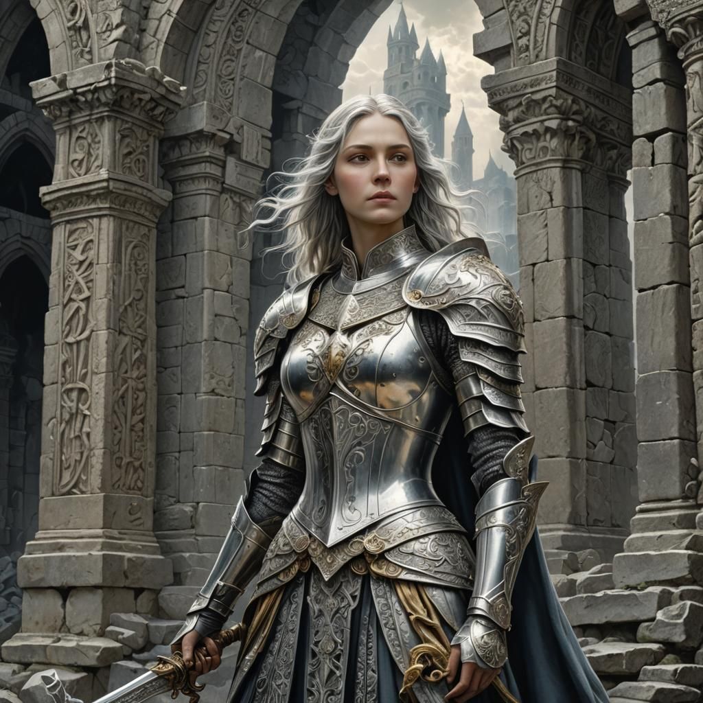 Regal Knight in Ancient Ruins, Doré Illustration