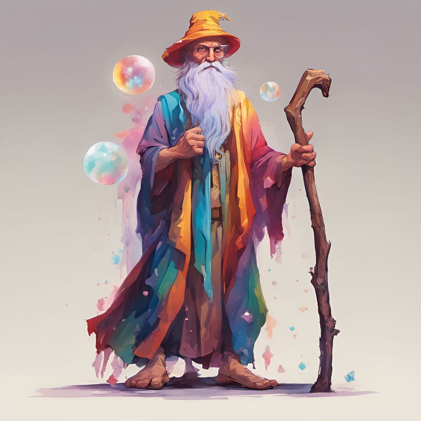 Colorful Old Wizard with Crystal Staff