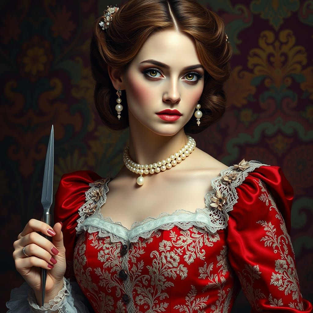 Elegant Victorian Siren in Scarlet Gown